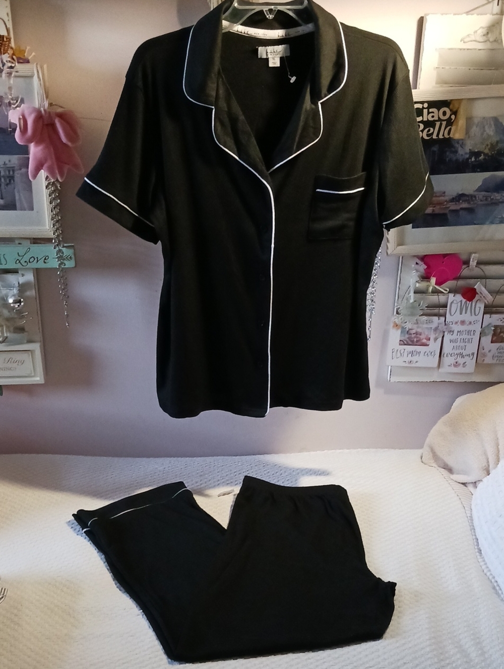 Nicole Miller Classic Black Rib Pajama Set with White Piping XL